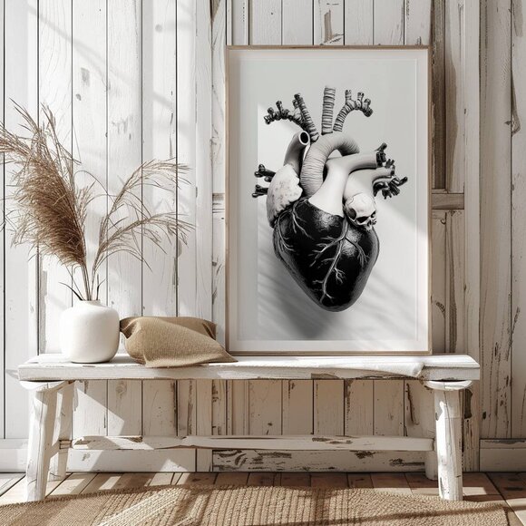 8.5x11 Black Anatomical Heart Art Print, Goth Valentine - Picture 3 of 3